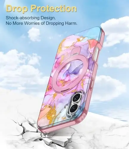 Casehas for iPhone 16 Case with Magnetic Invisible Stand [Compatible with MagSafe] Built-in Screen Protector Military Drop Protection Shockproof Slim Translucent Case Cover, Pink Gold - 7