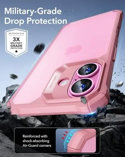 ESR for iPhone 16 Case, Military-Grade Protection with Shock-Absorbing Corners, Scratch-Resistant and Anti-Yellowing Acrylic Back, Slim Protective Phone Case, Air-Armor Series, Frosted Pink - 3