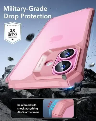 ESR for iPhone 16 Case, Military-Grade Protection with Shock-Absorbing Corners, Scratch-Resistant and Anti-Yellowing Acrylic Back, Slim Protective Phone Case, Air-Armor Series, Frosted Pink - 3