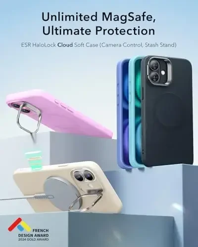 ESR for iPhone 16 Case, Camera Control Button Silicone Case with Stand, Compatible with MagSafe, Built-in Camera Stash Stand, Magnetic Phone Case, Cloud Series, Ultramarine - 2