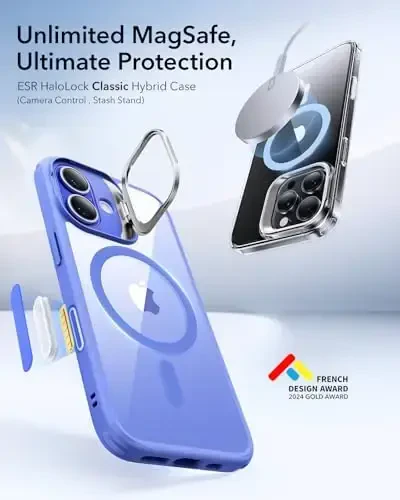 ESR for iPhone 16 Case, Camera Control Button Compatible with MagSafe, Military-Grade Protective Case, Built-in Stash Stand Phone Case, Scratch-Resistant Back Cover, Classic Series, Clear Blue 
