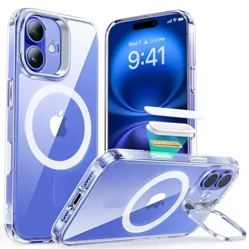 ESR for iPhone 16 Case, Camera Control Button Compatible with MagSafe, Military-Grade Protective Case for iPhone 16,Built-in Stash Stand Phone Case, Scratch-Resistant Back Cover, Clear 