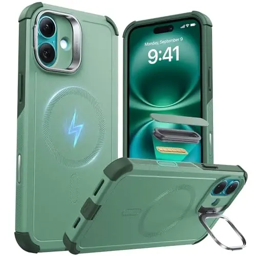 ESR for iPhone 16 Case with Stash Stand, Camera Control, 23FT Military-Grade Shock-Absorbing Drop Protection, Compatible with MagSafe Accessories, Magnetic Cyber Series, Light Green - 1
