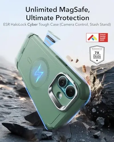 ESR for iPhone 16 Case with Stash Stand, Camera Control, 23FT Military-Grade Shock-Absorbing Drop Protection, Compatible with MagSafe Accessories, Magnetic Cyber Series, Light Green - 2