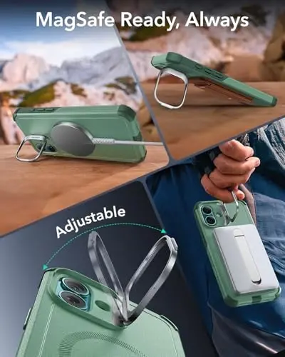 ESR for iPhone 16 Case with Stash Stand, Camera Control, 23FT Military-Grade Shock-Absorbing Drop Protection, Compatible with MagSafe Accessories, Magnetic Cyber Series, Light Green - 6