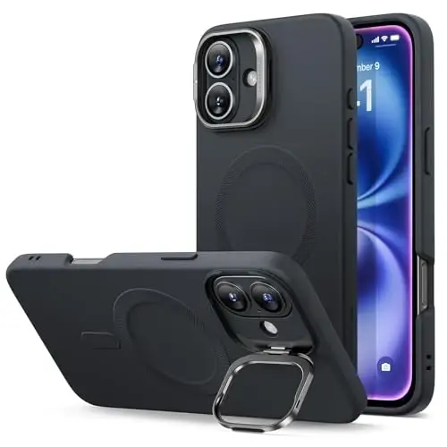ESR for iPhone 16 Case, Silicone Case with Stand, Compatible with, Military-Grade Protection, Built-in Camera Stash Stand, Magnetic Phone Case for iPhone 16, Cloud Series, Black - 1