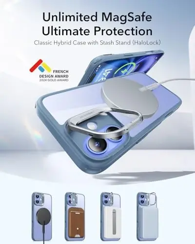 ESR for iPhone 16 Case, Compatible with, Military-Grade Protective Case, Built-in Stash Stand Phone Case, Scratch-Resistant Back Cover, Classic Series, Clear Blue 