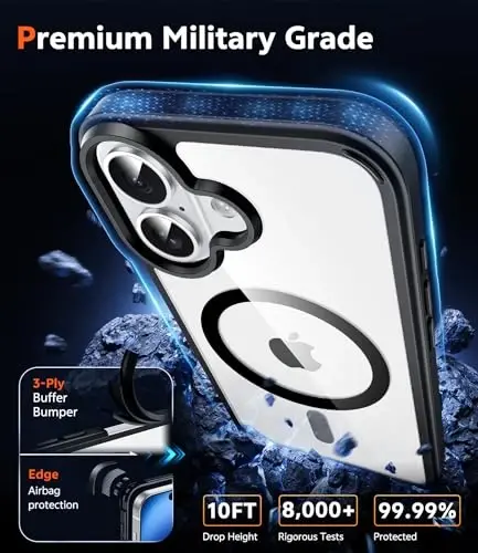 FNTCASE for iPhone 16 Case Clear: Magnetic Phone Cases with Screen Protector Drop Proof Compatible with Magsafe Slim Anti Yellowing Rugged Shockproof Protective Transparent Cell Cover (B-Black) - 4
