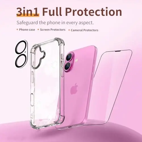 ilnehc for iPhone 16 Case,[3 in 1] with Screen Protector & Camera Lens Protector, Flower Pattern Design,Clear Soft Shockproof Slim Floral Phone Cover for Women Girls 2024 6.1