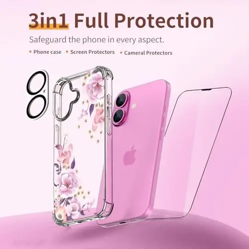 iPhone 16 Kılıfı için ilnehc, [3'ü 1 arada] Ekran Koruyucu ve Kamera Lensi Koruyucu, Çiçek Desenli Tasarım, Şeffaf Yumuşak Darbeye Dayanıklı İnce Çiçekli Telefon Kılıfı Kadın Kız Çocukları için 2024 6.1