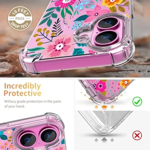 ilnehc for iPhone 16 Case,[3 in 1] with Screen Protector & Camera Lens Protector, Flower Pattern Design,Clear Soft Shockproof Slim Floral Phone Cover for Women Girls 2024 6.1