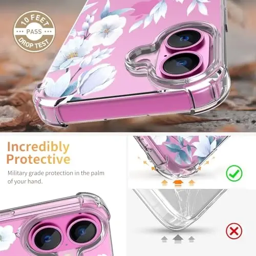ilnehc for iPhone 16 Case,[3 in 1] with Screen Protector & Camera Lens Protector, Flower Pattern Design,Clear Soft Shockproof Slim Floral Phone Cover for Women Girls 2024 6.1