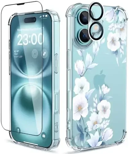 ilnehc for iPhone 16 Case,[3 in 1] with Screen Protector & Camera Lens Protector, Flower Pattern Design,Clear Soft Shockproof Slim Floral Phone Cover for Women Girls 2024 6.1
