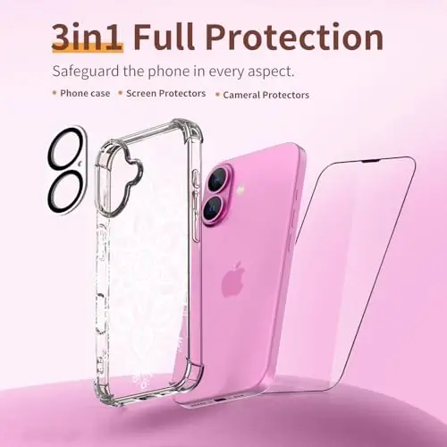 ilnehc for iPhone 16 Case,[3 in 1] with Screen Protector & Camera Lens Protector, Flower Pattern Design,Clear Soft Shockproof Slim Floral Phone Cover for Women Girls 2024 6.1