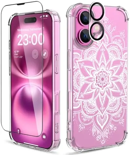 ilnehc for iPhone 16 Case,[3 in 1] with Screen Protector & Camera Lens Protector, Flower Pattern Design,Clear Soft Shockproof Slim Floral Phone Cover for Women Girls 2024 6.1