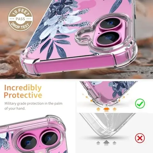 ilnehc for iPhone 16 Case,[3 in 1] with Screen Protector & Camera Lens Protector, Flower Pattern Design,Clear Soft Shockproof Slim Floral Phone Cover for Women Girls 2024 6.1