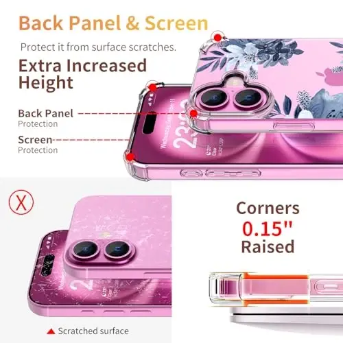 ilnehc for iPhone 16 Case,[3 in 1] with Screen Protector & Camera Lens Protector, Flower Pattern Design,Clear Soft Shockproof Slim Floral Phone Cover for Women Girls 2024 6.1