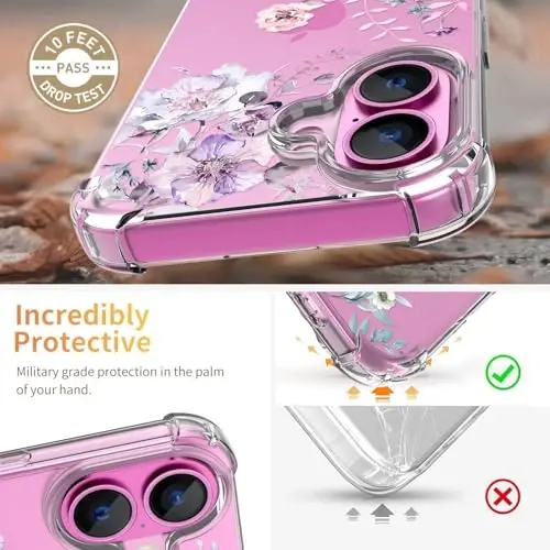iPhone 16 Kılıfı için ilnehc, [3'ü 1 arada] Ekran Koruyucu ve Kamera Lensi Koruyuculu, Çiçek Desenli Tasarım, Şeffaf Yumuşak Darbeye Dayanıklı İnce Çiçekli Telefon Kılıfı Kadın Kız Çocukları için 2024 6.1