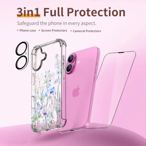 ilnehc for iPhone 16 Case,[3 in 1] with Screen Protector & Camera Lens Protector, Flower Pattern Design,Clear Soft Shockproof Slim Floral Phone Cover for Women Girls 2024 6.1