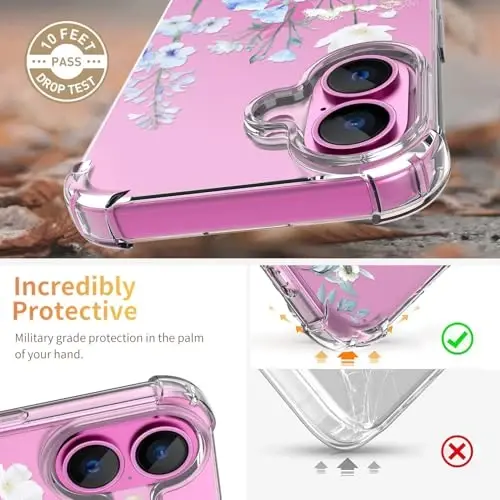 ilnehc for iPhone 16 Case,[3 in 1] with Screen Protector & Camera Lens Protector, Flower Pattern Design,Clear Soft Shockproof Slim Floral Phone Cover for Women Girls 2024 6.1