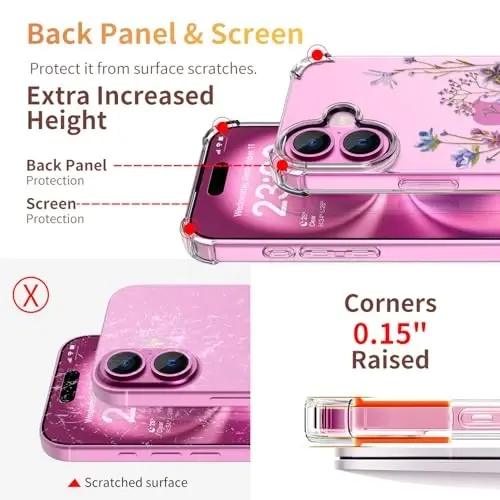 ilnehc for iPhone 16 Case,[3 in 1] with Screen Protector & Camera Lens Protector, Flower Pattern Design,Clear Soft Shockproof Slim Floral Phone Cover for Women Girls 2024 6.1