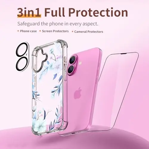 ilnehc for iPhone 16 Case,[3 in 1] with Screen Protector & Camera Lens Protector, Flower Pattern Design,Clear Soft Shockproof Slim Floral Phone Cover for Women Girls 2024 6.1