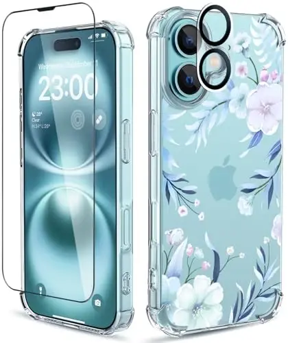 ilnehc for iPhone 16 Case,[3 in 1] with Screen Protector & Camera Lens Protector, Flower Pattern Design,Clear Soft Shockproof Slim Floral Phone Cover for Women Girls 2024 6.1