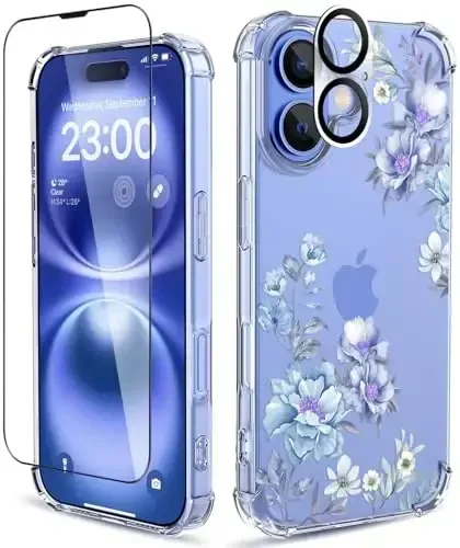 ilnehc for iPhone 16 Case,[3 in 1] with Screen Protector & Camera Lens Protector, Flower Pattern Design,Clear Soft Shockproof Slim Floral Phone Cover for Women Girls 2024 6.1