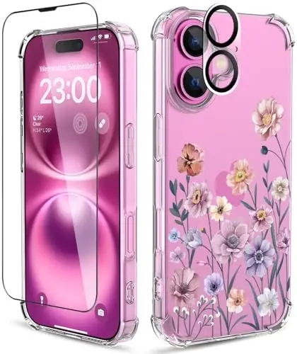 ilnehc for iPhone 16 Case,[3 in 1] with Screen Protector & Camera Lens Protector, Flower Pattern Design,Clear Soft Shockproof Slim Floral Phone Cover for Women Girls 2024 6.1