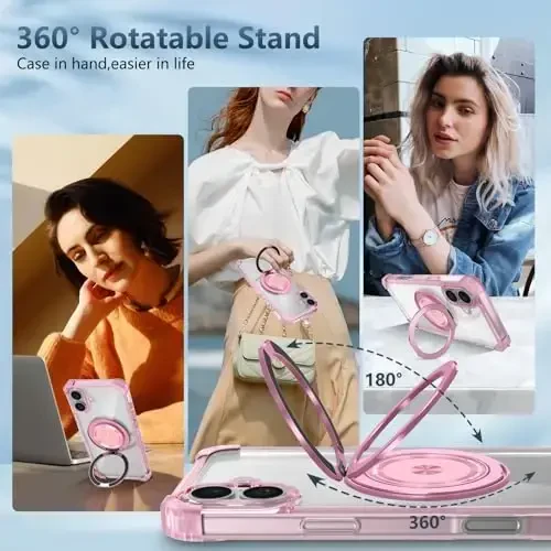 IYTRRYH for iPhone 16 Case Magnetic Compatible with MagSafe Wireless Charging,with 2 Screen Protectors,for 16 Case Built-in 360°Kickstand Ring,Military Grade Drop Heavy Duty Protection Shockproof Pink - 5