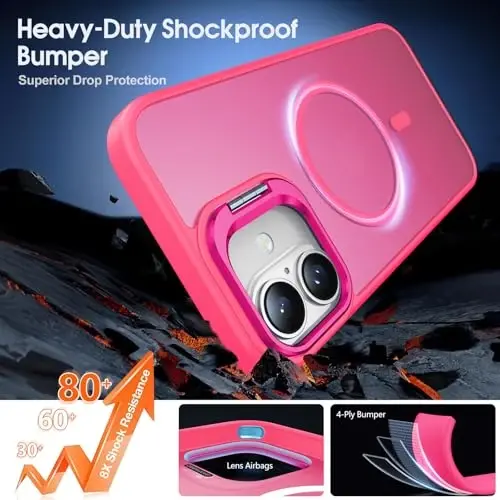 JAME for iPhone 16 Case, [Compatible with Magsafe], [Military-Grade Protection], [with Camera Stand Guard] Shockproof Slim Fit Phone Case for iPhone 16 Case, 6.1-inch, Hot Pink - 4