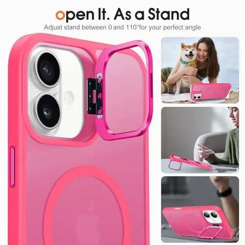 JAME for iPhone 16 Case, [Compatible with Magsafe], [Military-Grade Protection], [with Camera Stand Guard] Shockproof Slim Fit Phone Case for iPhone 16 Case, 6.1-inch, Hot Pink - 5