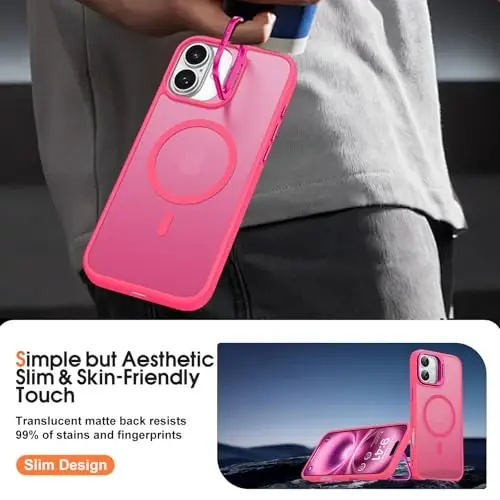JAME for iPhone 16 Case, [Compatible with Magsafe], [Military-Grade Protection], [with Camera Stand Guard] Shockproof Slim Fit Phone Case for iPhone 16 Case, 6.1-inch, Hot Pink - 6