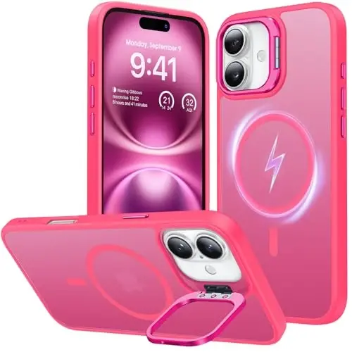 JAME for iPhone 16 Case, [Compatible with Magsafe], [Military-Grade Protection], [with Camera Stand Guard] Shockproof Slim Fit Phone Case for iPhone 16 Case, 6.1-inch, Hot Pink - JAME
