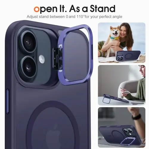 JAME for iPhone 16 Case, [Compatible with Magsafe], [Military-Grade Protection], [with Camera Stand Guard] Shockproof Slim Fit Phone Case for iPhone 16 Case, 6.1-inch, Deep Purple - 5