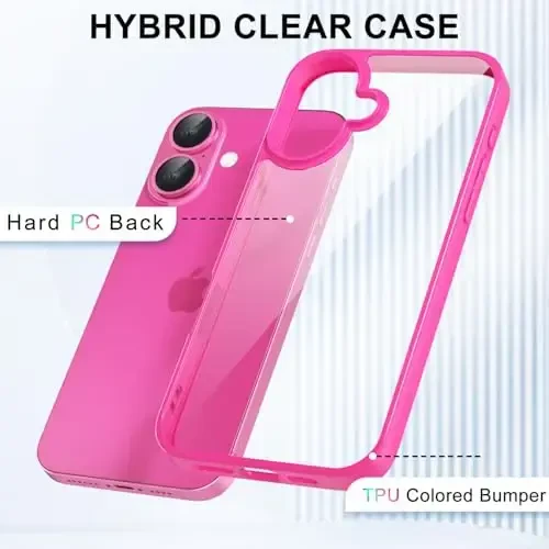 LoeoeL for iPhone 16 Case Clear, Transparent Hybrid 16 Phone Case [Hard Plastic & Soft Silicone Bumper] Acrylic Non Yellowing Thin Slim Protective Cover for Women, Neon Hot Pink - 3