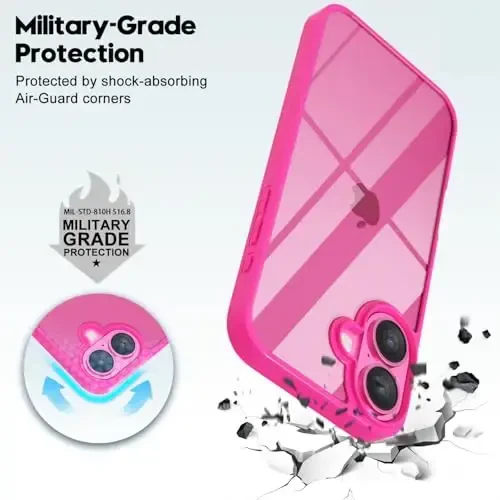 LoeoeL for iPhone 16 Case Clear, Transparent Hybrid 16 Phone Case [Hard Plastic & Soft Silicone Bumper] Acrylic Non Yellowing Thin Slim Protective Cover for Women, Neon Hot Pink - 6