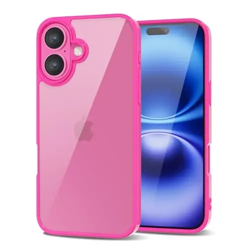 LoeoeL for iPhone 16 Case Clear, Transparent Hybrid 16 Phone Case [Hard Plastic & Soft Silicone Bumper] Acrylic Non Yellowing Thin Slim Protective Cover for Women, Neon Hot Pink 