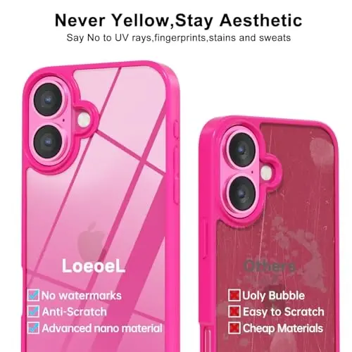 iPhone 16 Kılıfı için LoeoeL Şeffaf, Şeffaf Hibrit 16 Telefon Kılıfı [Sert Plastik ve Yumuşak Silikon Tampon] Akrilik Sararmayan İnce Koruyucu Kadın Kılıfı, Neon Pembe - 4