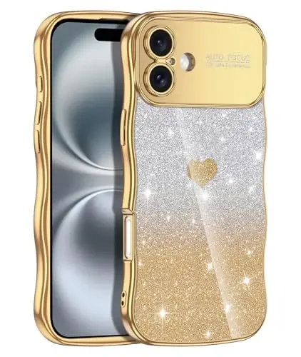 LONTECT for iPhone 16 Case Glitter Sparkle Luxury Plated Cute Curly Waves Border Soft TPU Bumper Shockproof Protective Cover Slim Case for Apple iPhone 16 6.1 inch,Clear/Gold - LONTECT