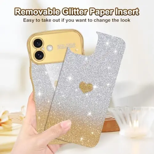 LONTECT for iPhone 16 Case Glitter Sparkle Luxury Plated Cute Curly Waves Border Soft TPU Bumper Shockproof Protective Cover Slim Case for Apple iPhone 16 6.1 inch,Clear/Gold - 6