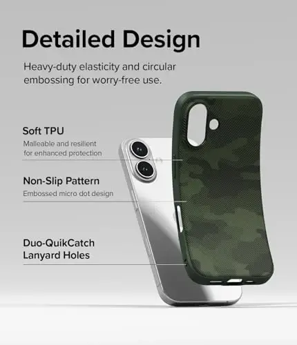 Ringke Onyx for iPhone 16 Case, [Feels Good in The Hand] Oil & Dirt Resistant, Individual Lens Covers for Cameras, Non-Slip Enhanced Grip Lightweight Cover - Camo Green - 7