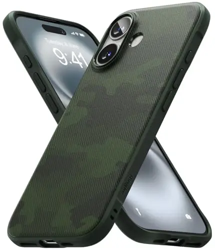 Ringke Onyx for iPhone 16 Case, [Feels Good in The Hand] Oil & Dirt Resistant, Individual Lens Covers for Cameras, Non-Slip Enhanced Grip Lightweight Cover - Camo Green - 1