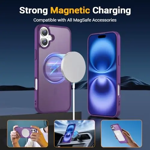 Temdan for iPhone 16 Case, Compatible with Magsafe, Anti-Yellowing, Military-Grade Protection, Shockproof Slim Magnetic Phone Case Cover, Dark Purple - 3