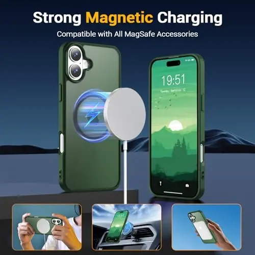 Temdan for iPhone 16 Case, Compatible with Magsafe, Anti-Yellowing, Military-Grade Protection, Shockproof Slim Magnetic Phone Case Cover, Dark Green - 4