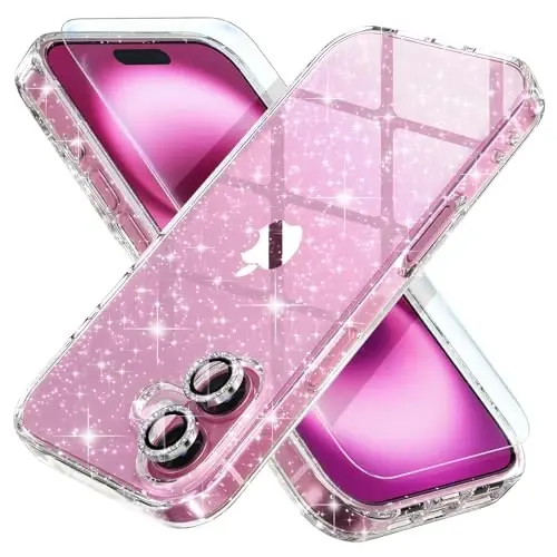 Choiche Compatible for iPhone 16 Case Women Phone Case, Cute Bling Sparkly, Military Grade Drop Protection, 2 Diamond Camera Lens Covers, 2 Tempered Glass Protectors, 6.1 inch (Glitter Clear) - 1