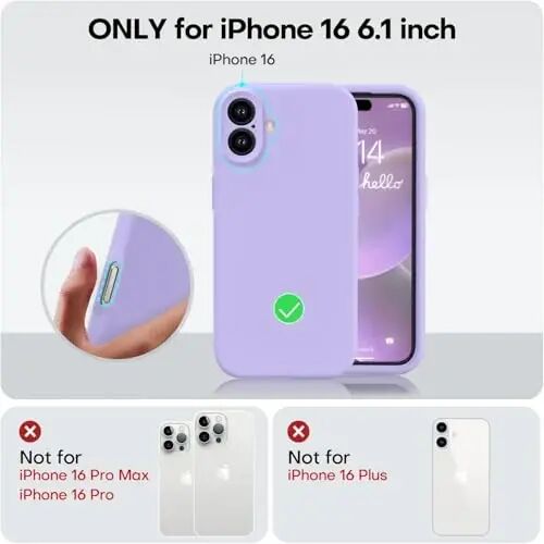 iPhone 16 Kılıfı ile Uyumlu Vooii, Sıvı Silikon Yükseltme [Kamera Koruması] [Yumuşak Çizilmez Mikrofiber Astar] iPhone 16 6.1 inç için Darbeye Dayanıklı Telefon Kılıfı - Açık Mor - 5