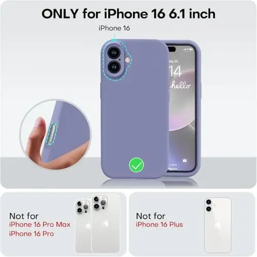 Vooii Compatible with iPhone 16 Case, Liquid Silicone Upgrade [Camera Protection] [Soft Anti-Scratch Microfiber Lining] Shockproof Phone Case for iPhone 16 6.1 inch - Lavender Grey - 5