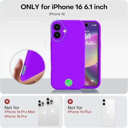Vooii Compatible with iPhone 16 Case, Liquid Silicone Upgrade [Camera Protection] [Soft Anti-Scratch Microfiber Lining] Shockproof Phone Case for iPhone 16 6.1 inch - Neon Purple - 5