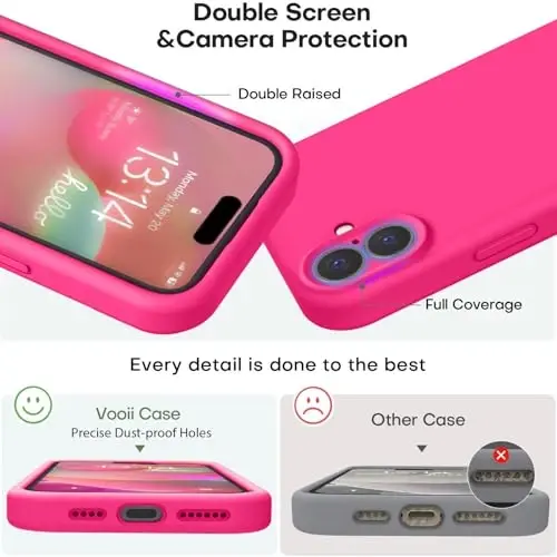 Vooii Compatible with iPhone 16 Case, Liquid Silicone Upgrade [Camera Protection] [Soft Anti-Scratch Microfiber Lining] Shockproof Phone Case for iPhone 16 6.1 inch - Hot Pink - 3